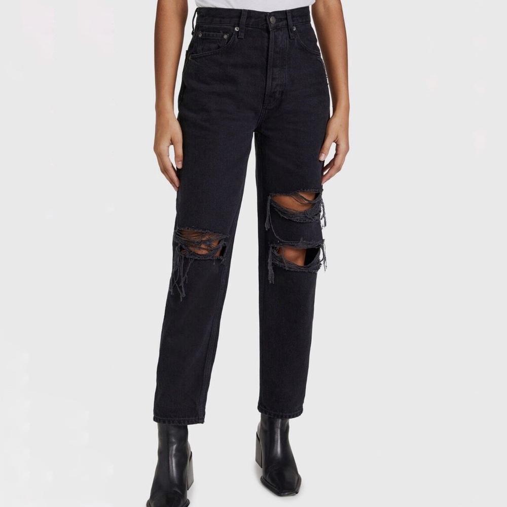 Boyish Relaxed Tapered Leg Distressed High Rise Dark Grey Black Denim Jeans